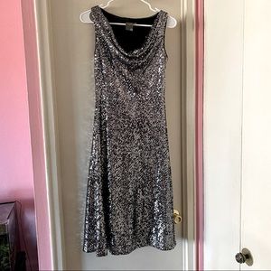Taylor Silver Sequin A-Line Midi Dress with Slouchy Neckline